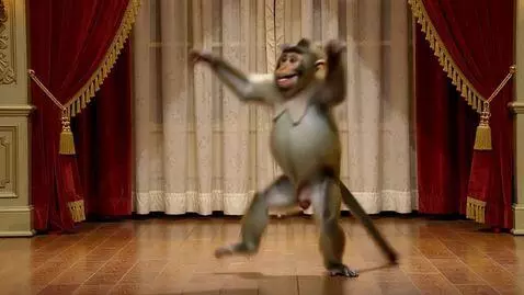 AI Video from prompt: Make a monkey smile and dance around on a stage