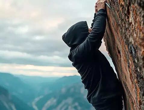 AI Video from prompt: The guy is hanging by holding onto the edge of t