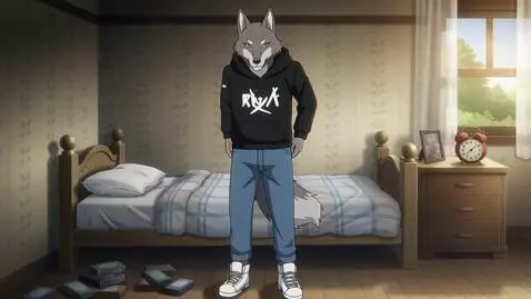 AI Video from prompt: anhthro wolf putting on a streetwear outfit in a