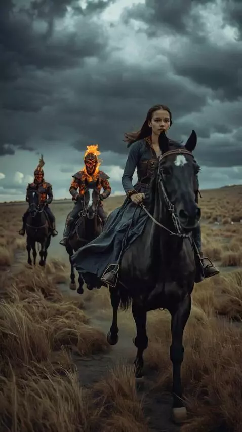 AI Video from prompt: A woman and fiery horsemen race on horseback. **