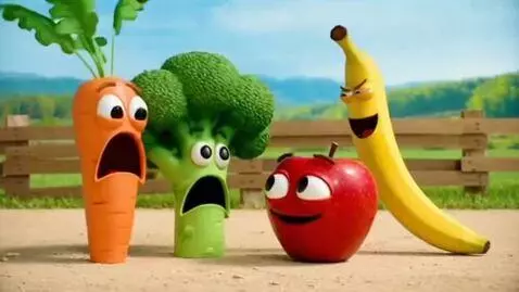 AI Video from prompt: vegetables are shouting aaaaaa and fruits are li