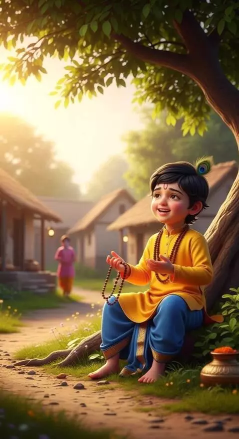 AI Video from prompt: A small Indian village at sunrise, a 7-year-old 