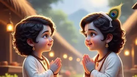 AI Video from prompt: A small Indian village at sunrise, a 7-year-old 