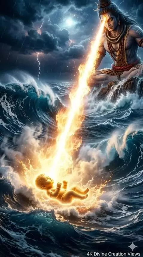 AI Video from prompt: A powerful beam of fire shoots out from Lord Shi