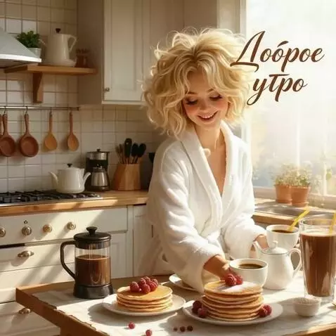 AI Video from prompt: She smiles, dances and drinks cofee