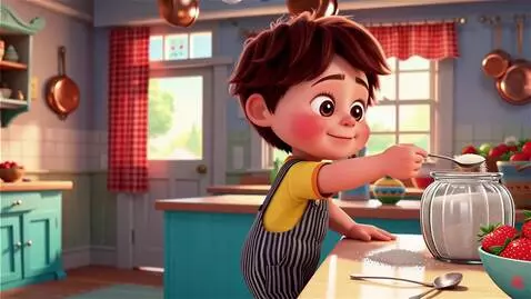 AI Video from prompt: cute little boy Johny sneaking sugar from jar in