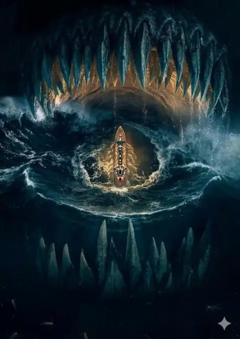 AI Video from prompt: A solitary ship slowly sails over a completely e