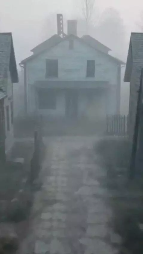 AI Video from prompt: "A drone camera hovers over an abandoned, fog-co