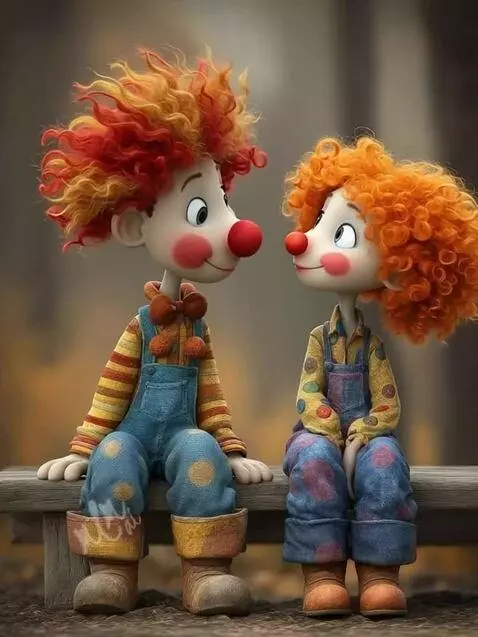 AI Video from prompt: The Clowns smile,look at each other and wave the