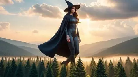 AI Video from prompt: Giantess witch walking throw tiny forest