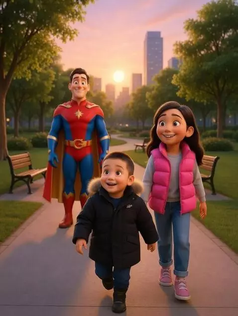 AI Video from prompt: in the park at sunset, a modern city. Children (