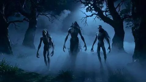 AI Video from prompt: Dark, dense forest at night, covered in thick, r