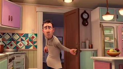 AI Video from prompt: A cartoon father suddenly enters the kitchen and