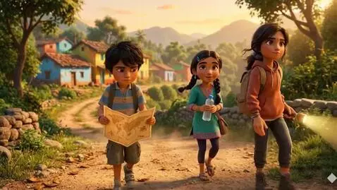 AI Video from prompt: 3D Disney style, kids walking on dusty path, dry