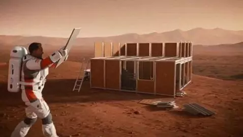 AI Video from prompt: a man with a cat goes to Mars and builds a two-s