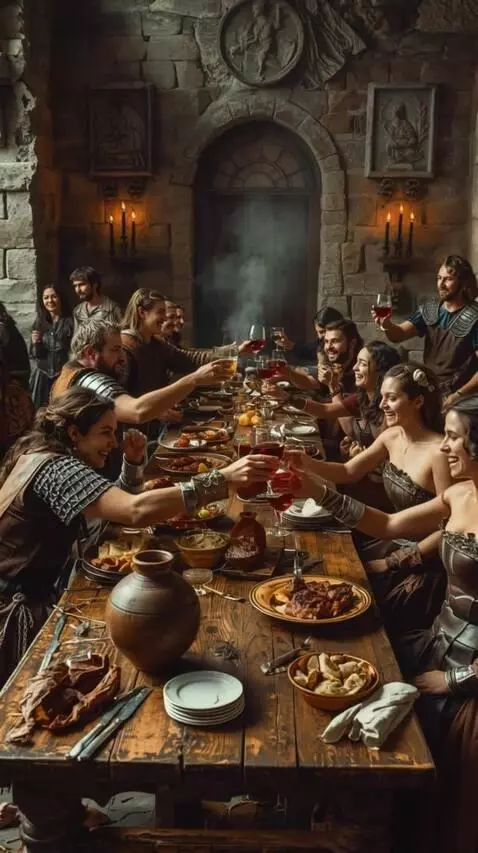 AI Video from prompt: Warriors drink wine and hug women; the women lau