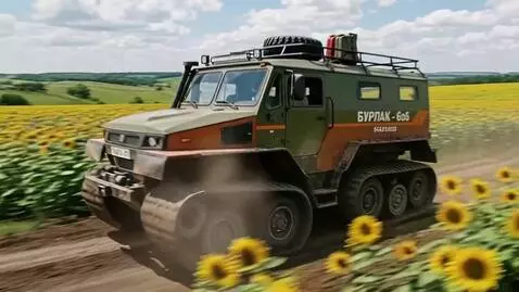 AI Video from prompt: A large tracked all-terrain vehicle speeds strai