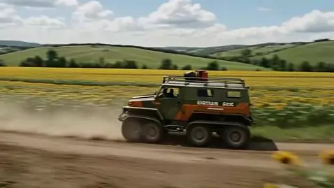 AI Video from prompt: A large tracked all-terrain vehicle turns into a