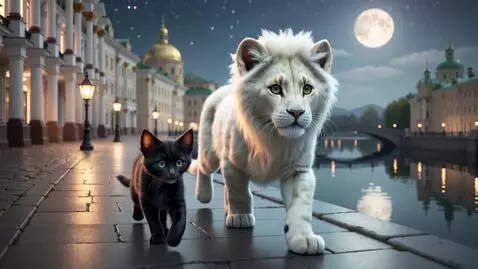 AI Video from prompt: A black kitten and a white lion cub are walking 