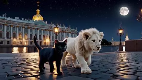 AI Video from prompt: A black kitten and a white lion cub are walking 