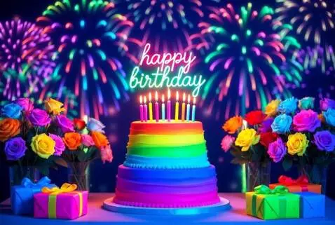 AI Video from prompt: A vibrant four-tiered neon rainbow birthday cake