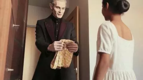 AI Video from prompt: A vampire uncle came up behind her and helped he