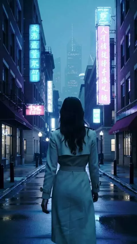 AI Video from prompt: Neon lights glow down the city street. A gorgeou