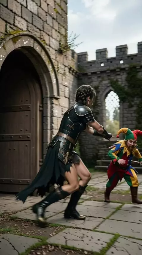 AI Video from prompt: A woman tries to catch a dwarf jester, but he es