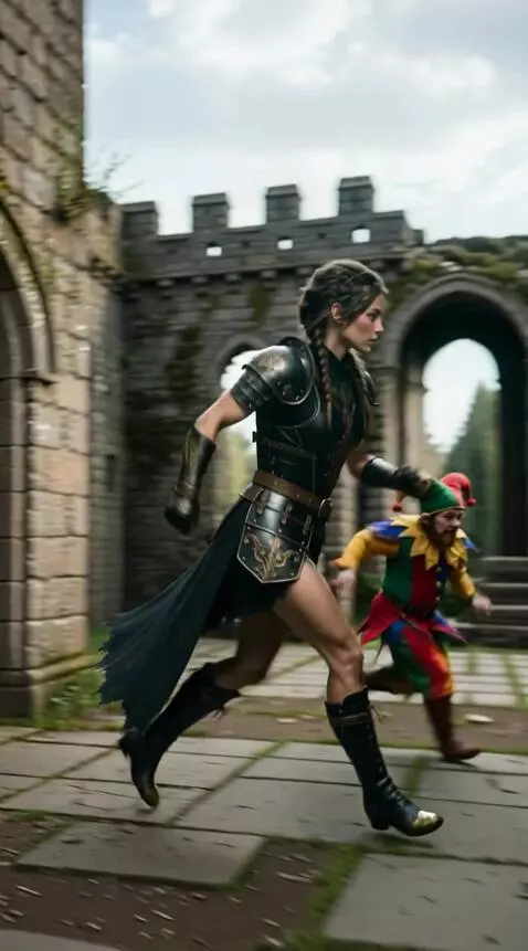 AI Video from prompt: In the ruins of a medieval castle, a woman tries