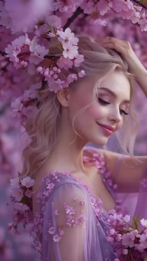 AI Video from prompt: She fixes her hair, smiles, lowers her eyes and 