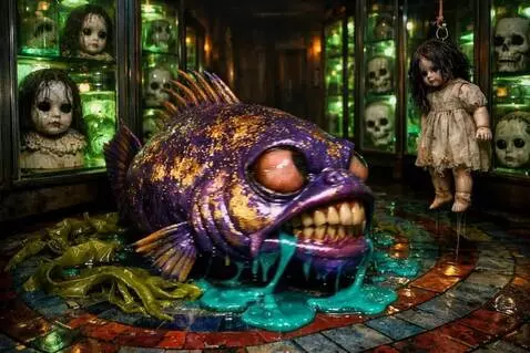 AI Video from prompt: The fish looks at the doll. The fish squirms to 