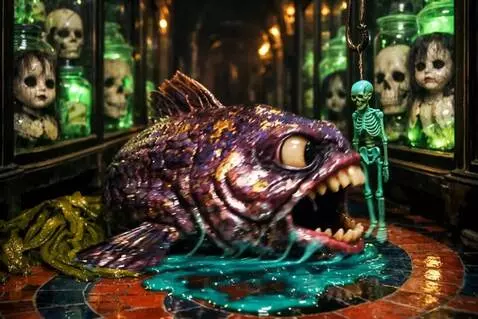 AI Video from prompt: The fish looks at the doll. The fish squirms to 