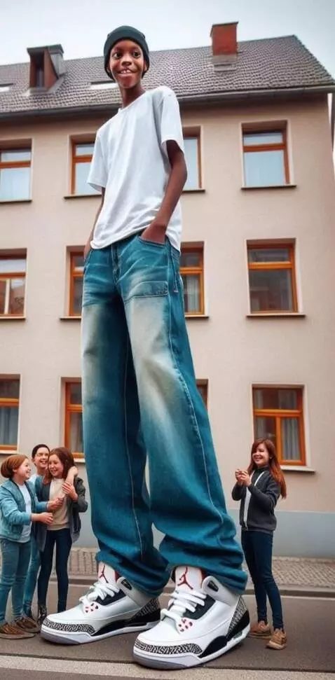 AI Video from prompt: Tallest boy show his sneakers and move slowly wi