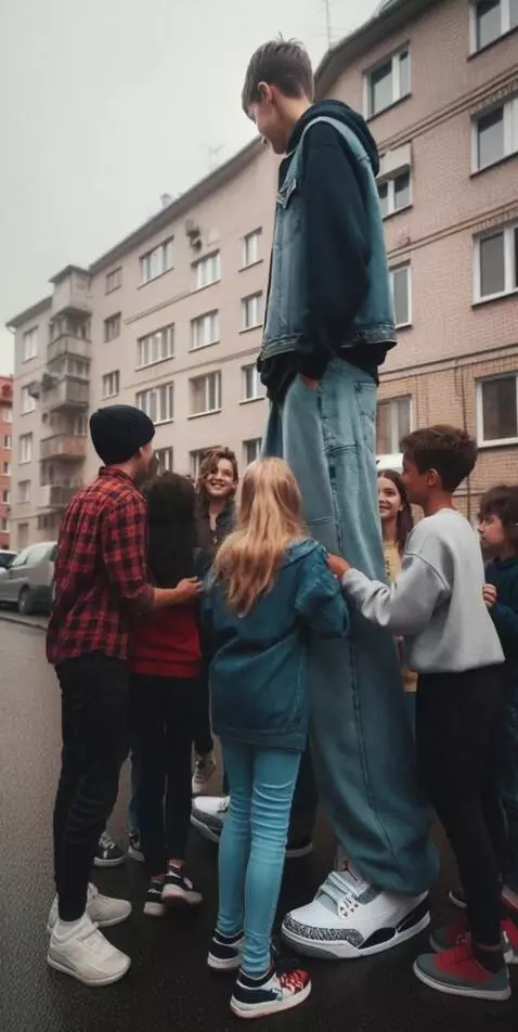 AI Video from prompt: Tallest boy slowly walking on the street with hi