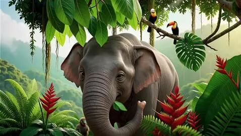 AI Video from prompt: elephant eating green leaves from tree, happy ex