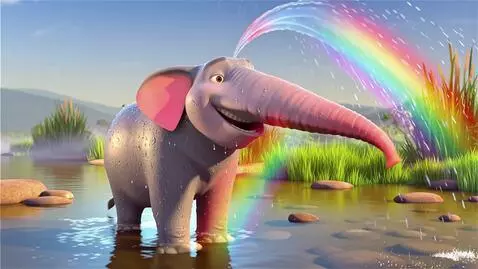AI Video from prompt: elephant spraying water with trunk, river backgr