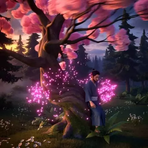 AI Video from prompt: the tree blooms then moves and a lost samurai ap