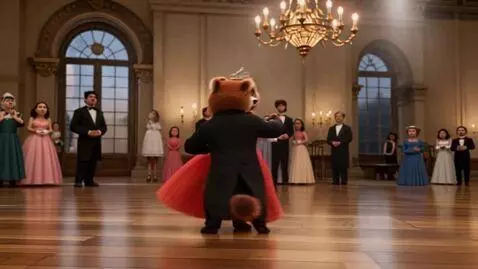 AI Video from prompt: A pair of adorable red pandas dressed in elegant