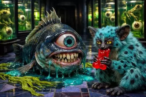 AI Video from prompt: The lemur bites the gummy bear as the fish watch