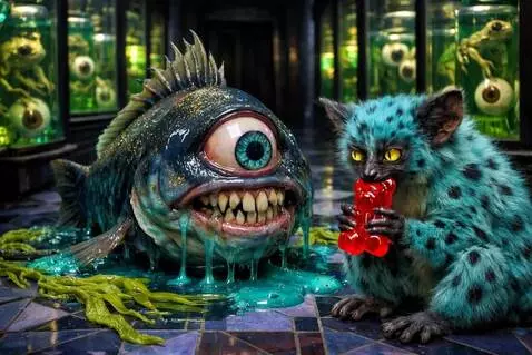 AI Video from prompt: The lemur takes a bite of the gummy bear as the 