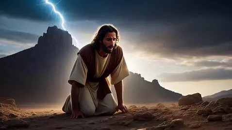 AI Video from prompt: An old biblical man on his knees up in a high mo