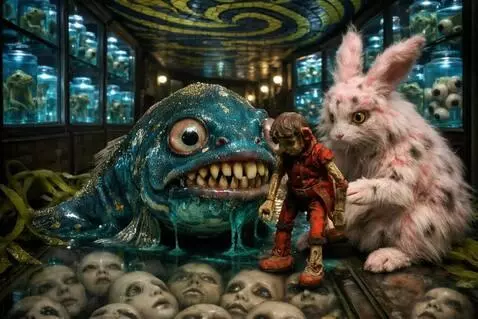 AI Video from prompt: The rabbit and fish watch as the puppet walks ov