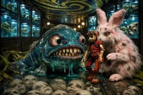 AI Video from prompt: The rabbit and fish watch as the puppet walks fo