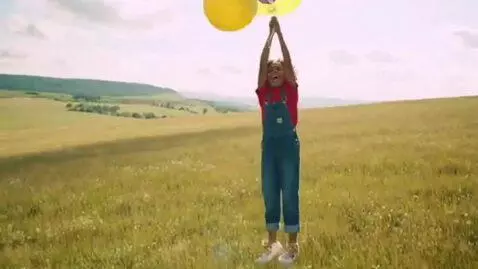 AI Video from prompt: Small kid hanging from bunch of colored balloons