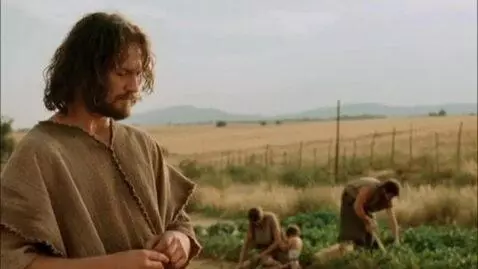 AI Video from prompt: Cain standing or sitting near the fields, with a