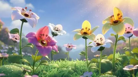 AI Video from prompt: Cute spring flowers blooming and dancing in gard