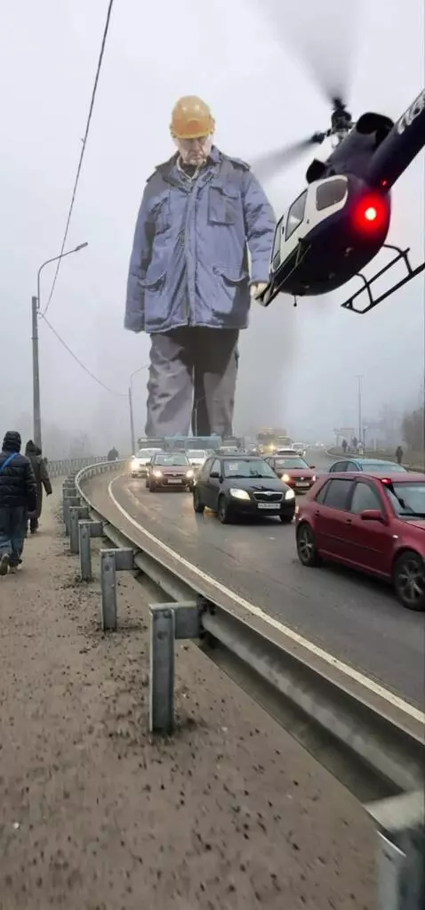 AI Video from prompt: A big man is scattering cars, panic, a helicopte