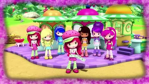 AI Video from prompt: Strawberry Shortcake with four one dollar bills,