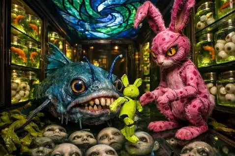 AI Video from prompt: The rabbit lets go of the wooden puppet. The pup