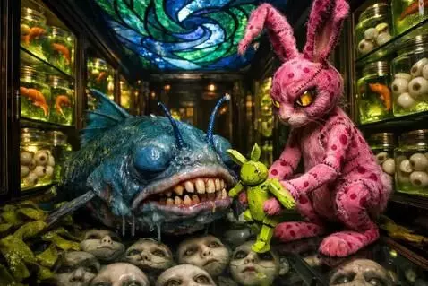 AI Video from prompt: The rabbit lets go of the wooden puppet. The pup